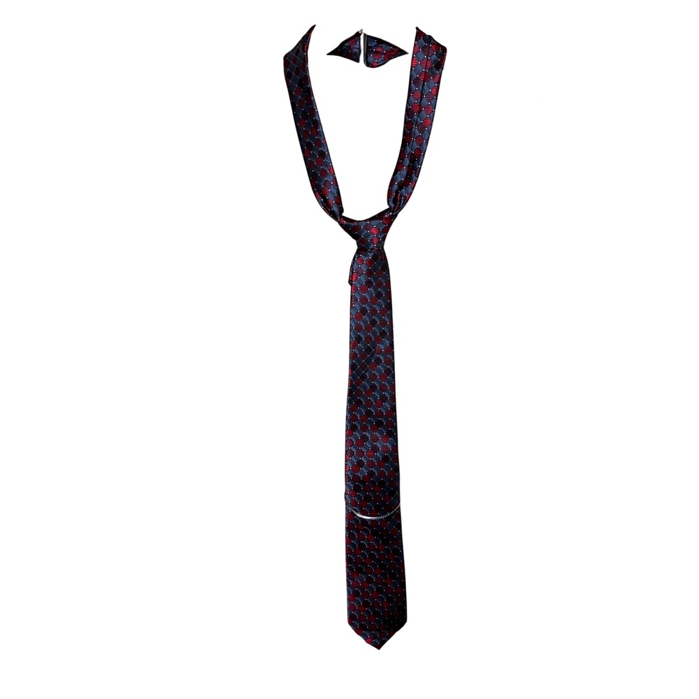 Pierre Cardin Necktie Mens OS Red Grey Diamond Geometric Tie Chain